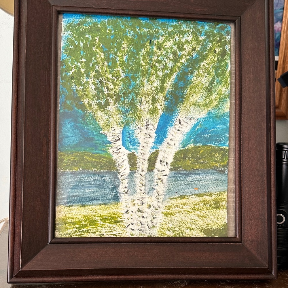 Serene Birch Tree Painting with Dark Brown Frame